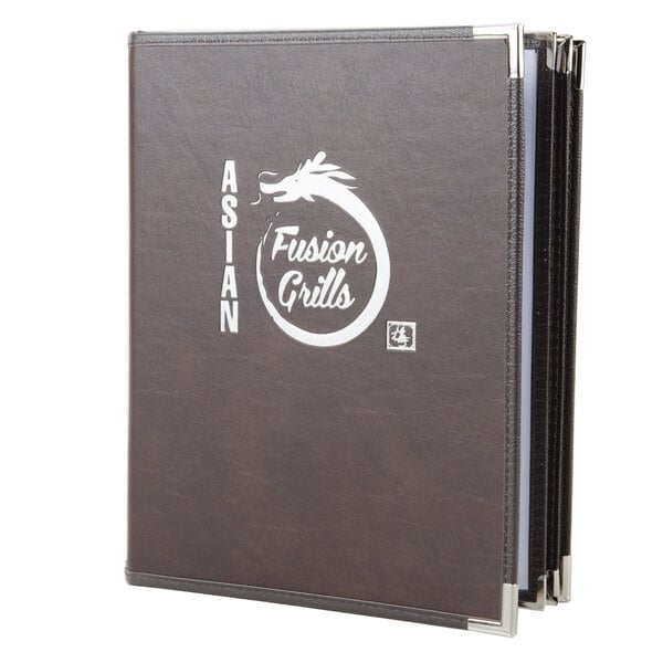 Brown leather bound menu book