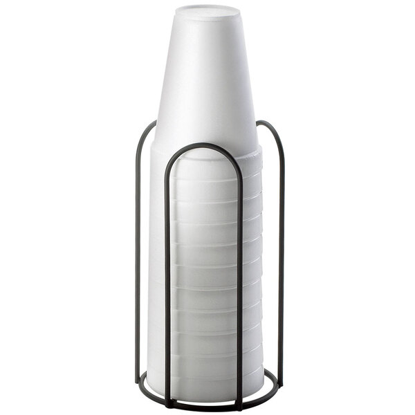 A white cup holder with black handles.
