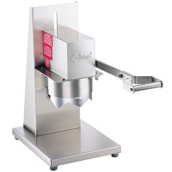 A white Edlund heavy-duty manual crown punch can opener with a red handle.
