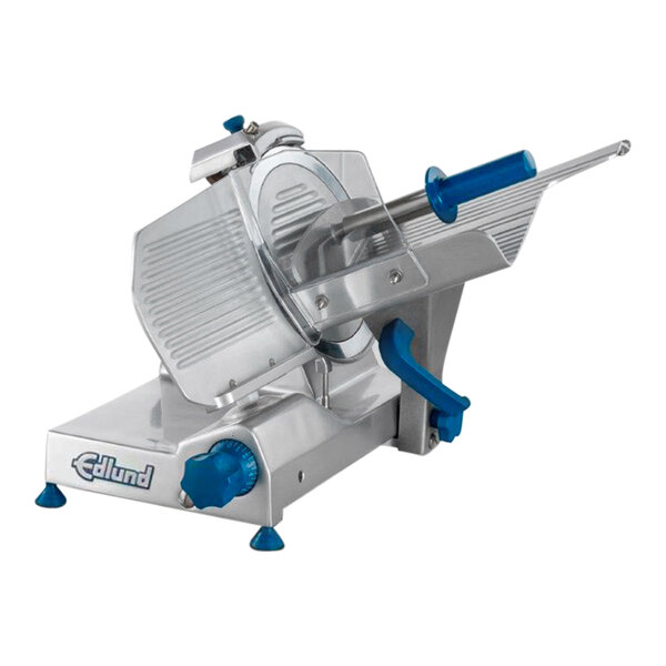 An Edlund Pro Series meat slicer with a blue handle and silver machine.