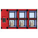 A red and black Hatco Flav-R 2-Go pickup locker with three windows.