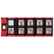 A red and black Hatco Flav-R 2-Go heated pickup and delivery locker system with rectangular boxes inside.