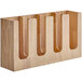 A wooden holder with four compartments and holes.